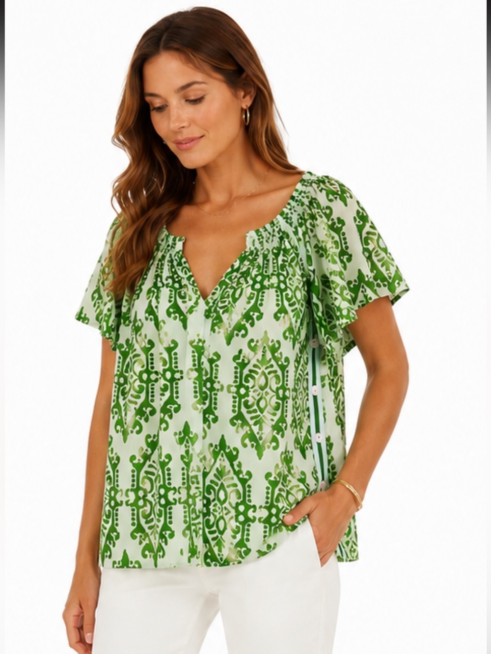 Rungolee Printed Side Button Peasant Top